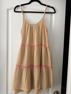 Beige Tiered Sundress with Pink Trim